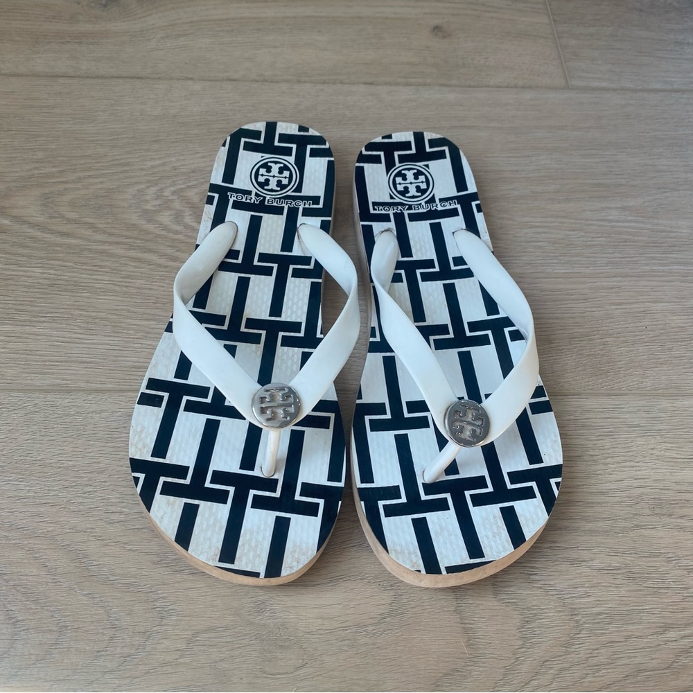 Tory Burch White and Black Thong Flip Flops